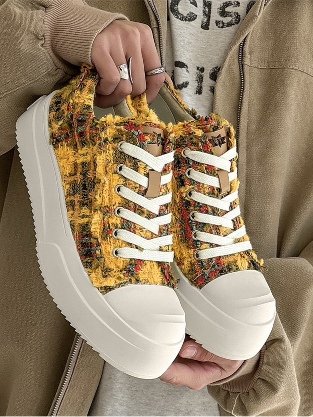 neutral/both men and women Yellow Tweed Platform Sneakers with White Soles